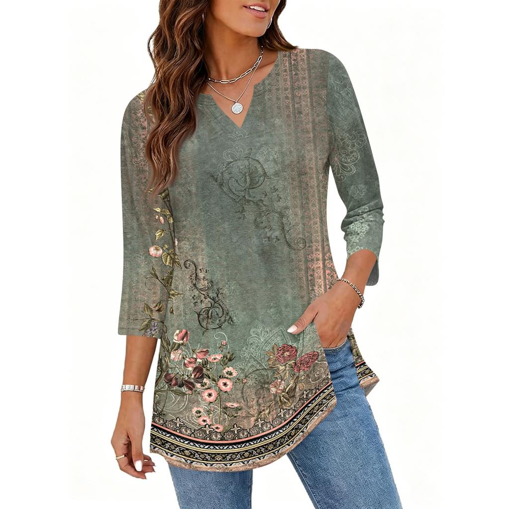 Women's Casual V Neck 3/4 Sleeve Pullover Tunic Top Floral Print Mid Length Loose Fit Blouse for Everyday Wear