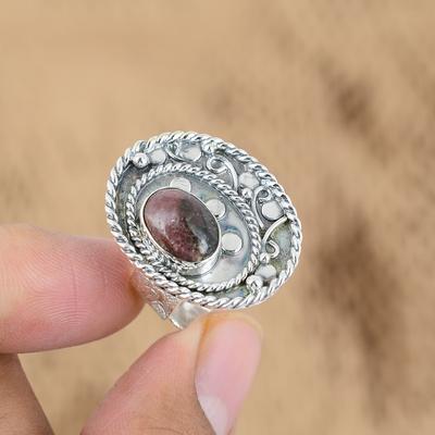 Rhodonite Gemstone 925 Silver Trendy Promise Heart Chakra Artisan Ring Jewelry