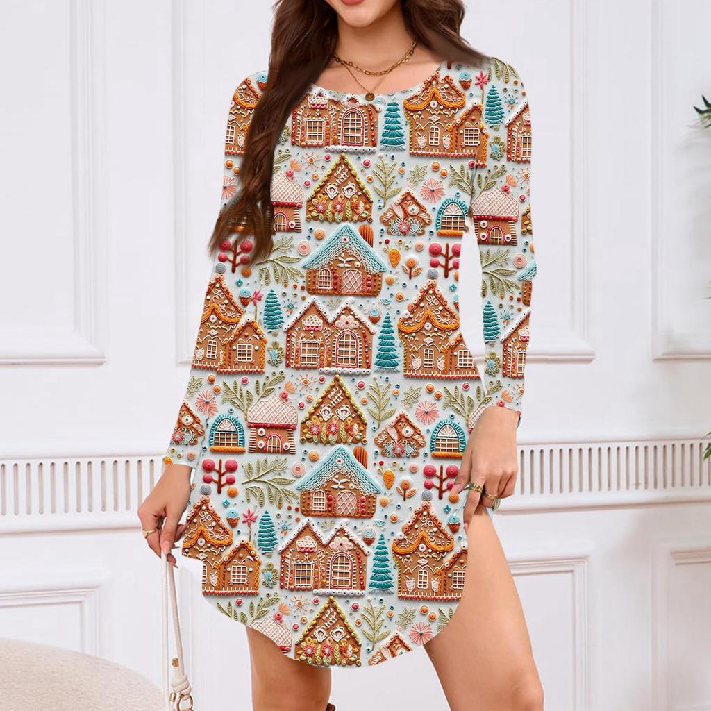 Women's Long-sleeved T-shirt Dress With Round Neck, Knee-length, Loose Fit, Casual And Pockets
