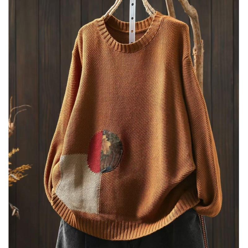 

Johnature Женские винтажные пуловеры в стиле пэчворк, однотонные, с круглым вырезом и длинными рукавами, вязаная одежда, осенние свитера One Size жёлтый