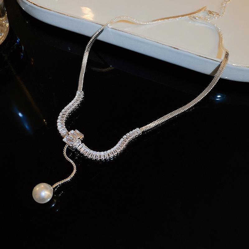 

Fashion Copper Color Long Tassel Pearl Pendant Necklaces For Women Simple Zircon Clavicle Chain Choker Zircon Gift