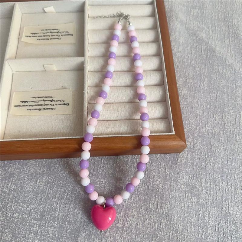 Fashion Cute Candy Color Heart Pendant Resin Beaded Choker Necklace For Women Girls Trendy Goth Vintage Aesthetic Accessories