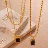 Vintage Stacked Wind Double-Layer Oval Black Agate Pendant Necklace Gold-Plated Square Black Zirconium Collarbone Chain