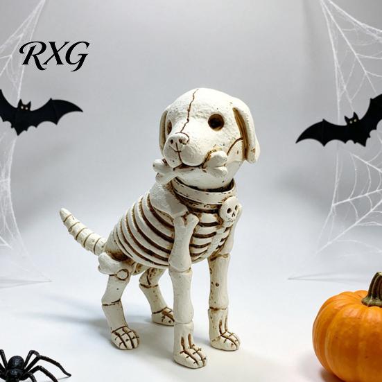 Cute Bone Texture Decor Skull Puppy Resin Figurine, Halloween Retro Skeleton Dog Statue, Creative Holiday Yard Ornaments Gothic Desktop Ornament