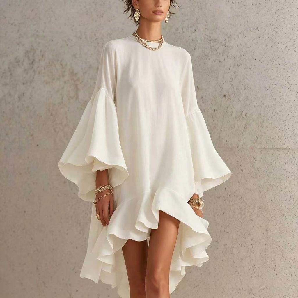 Vestido Feminino Colorido Gola Redonda Manga com Barra Franzida Caimento Solto Assimétrico