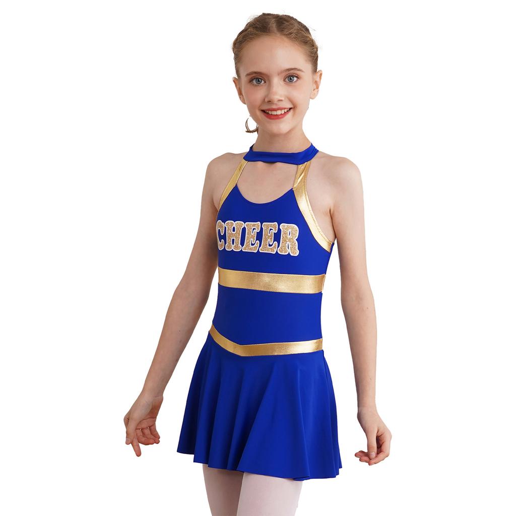 Girls Sleeveless Round Collar Letter Print Crisscross Straps Hollow Back Cheerleading Dance Dress