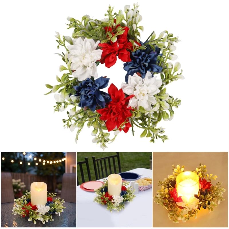 Independence Day Candle Wreath Artificial Flower Wreath Decorative Candle Stand Rings for Patriotic Festival Celebration