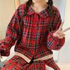 Red Plaid Peter Pan Collar Flannel Pajama Set - Long Sleeve and Pants for Autumn/Winter