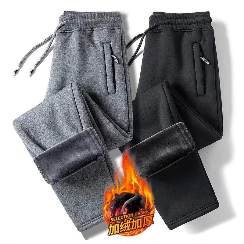 Casual trousers men's autumn and winter new fleece thickened tied pockets zipper large size loose casual sweatpants