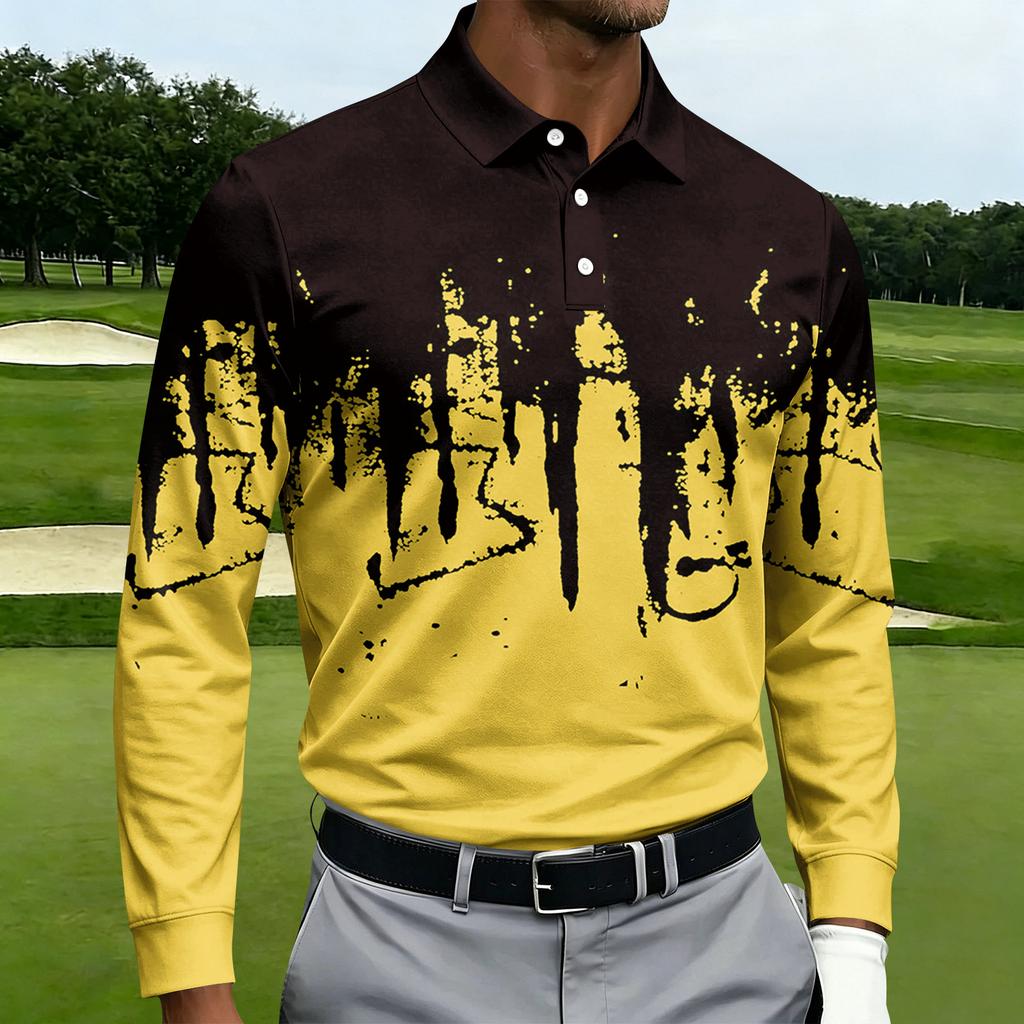 Men's Casual Printed Long Sleeve Button Down Shirt with Lapel Collar for Sports and Daily Wear