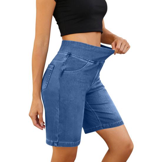 Stretchy Jean Shorts for Women High Waisted Tummy Control Pull On Denim Shorts Summer Casual Knee Length Jorts with Pockets