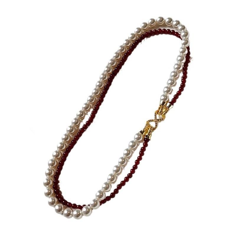 Double-Layer Shijia Pearl Red Agate Necklace, Slightly Inlaid With 8-Character Buckle, Chalcedony Collarbone Chain, Tiger'S Eye Stone, Black Agate