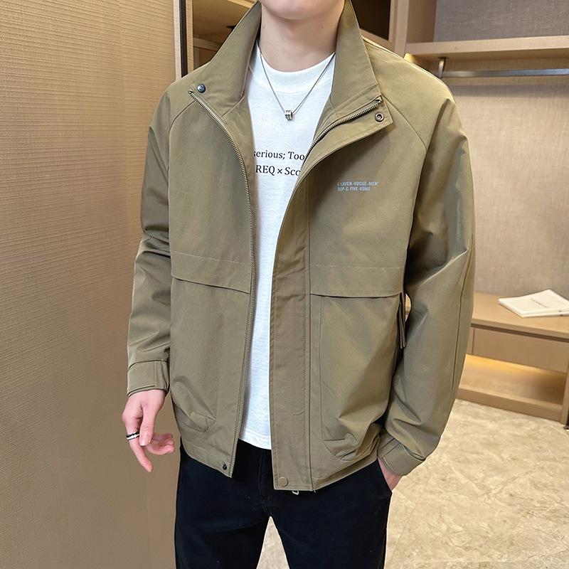 2025 Men's Casual Stand-up Collar Jacket - Spring/Autumn Korean Style, Solid Color, for Middle-aged and Young