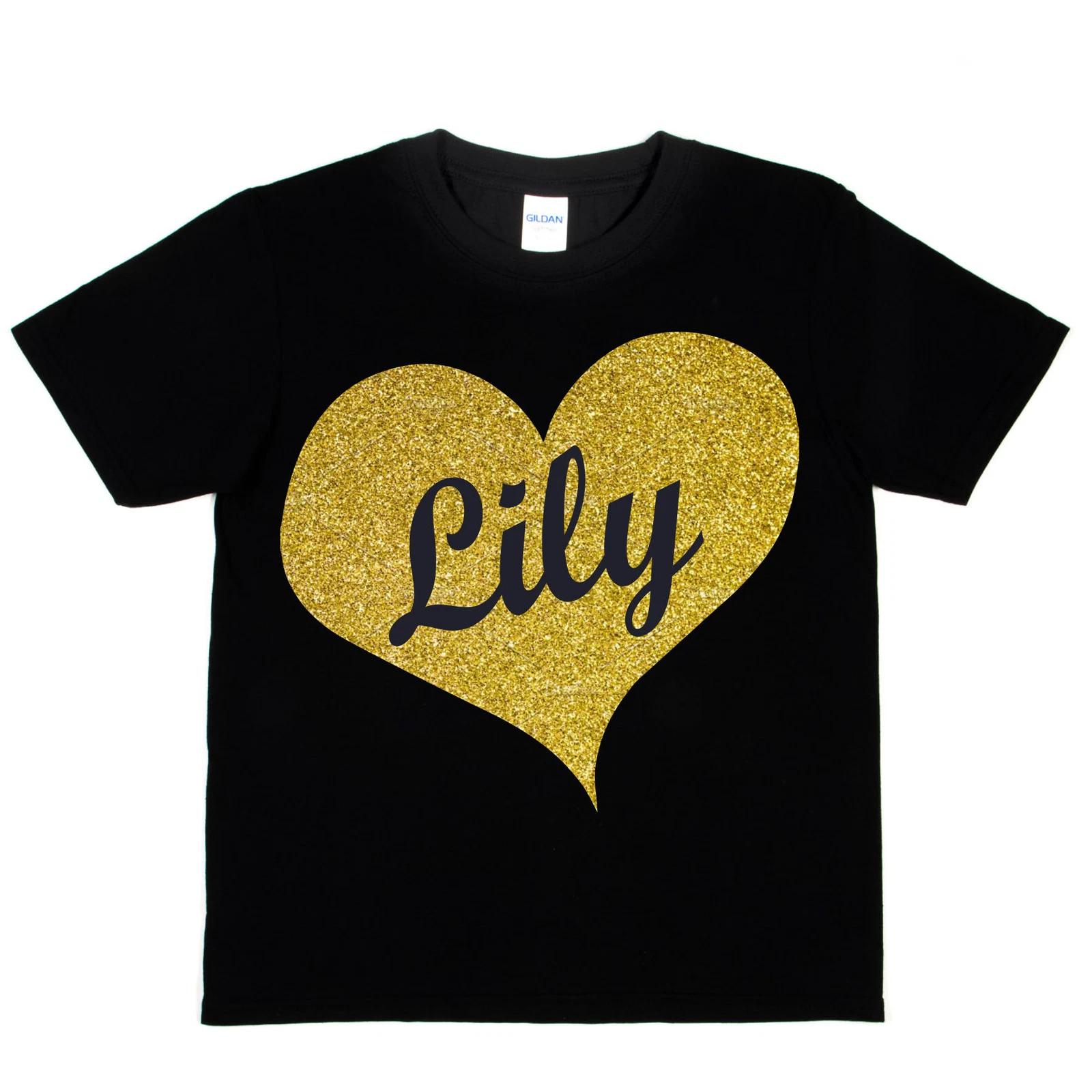 Kids Personalised T-shirt Any Name Your Name Lily In Gold Glitter 2XL