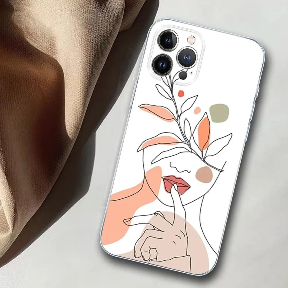 Apple IPhone15ProMax Mobile Phone Case Line Art Girl Mobile Phone Case Hair Painting Anti-drop Huawei Three