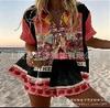 (Imitation Linen) Hot Sale Casual Holiday Shirt Set Beach 1D Printed Shirt Shorts Women's Set