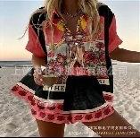 (Imitation Linen) Hot Sale Casual Holiday Shirt Set Beach 1D Printed Shirt Shorts Women's Set