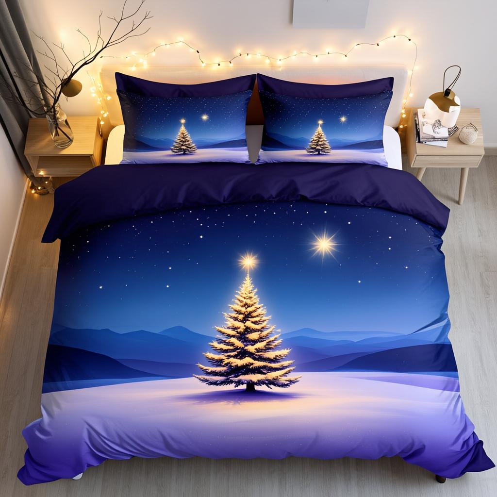 3-teiliges verträumtes Weihnachtsnacht-Himmel Bettwäscheset Polyester Glänzender Sternendruck Queen-Size Schlafzimmer für Erwachsene Geschenk