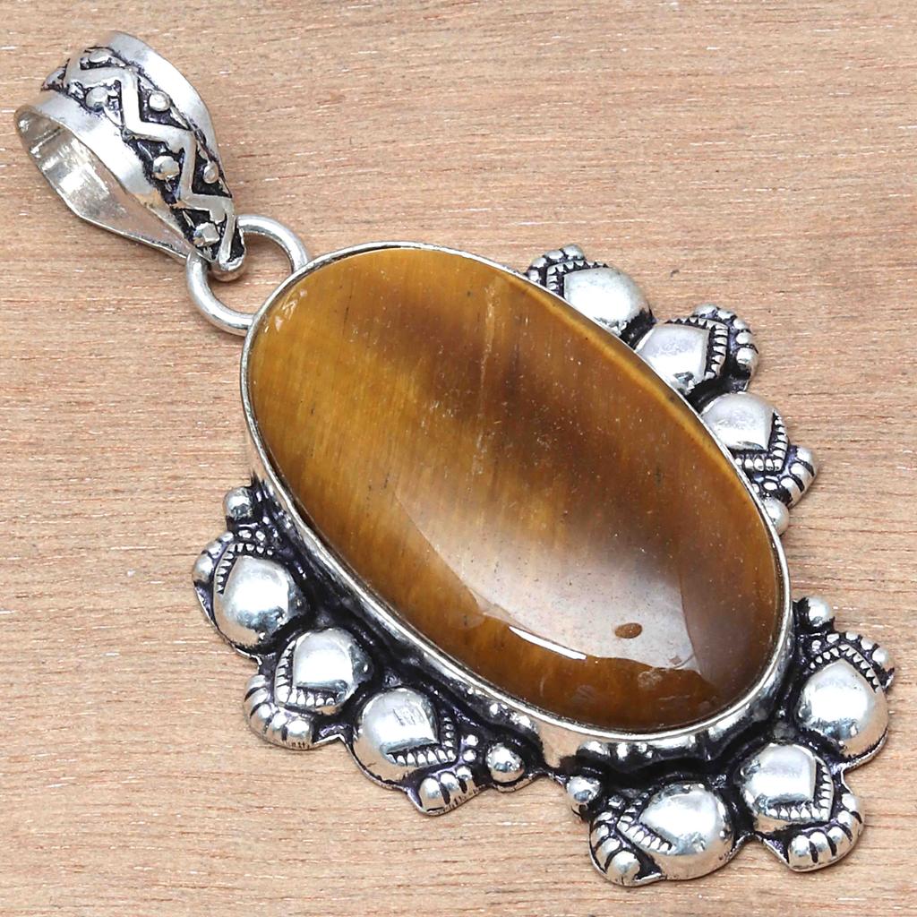 Pendant Tiger's Eye Gemstone Handicraft Valentine'Day Silver Jewelry 2.25"