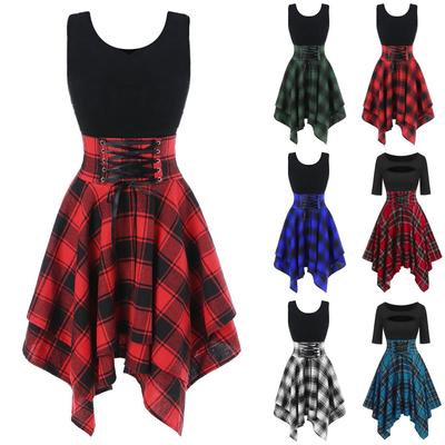 Mode Frauen Ärmellose Kalte Schulter Kreuz Up Plaid Print Unregelmäßiges Kleid