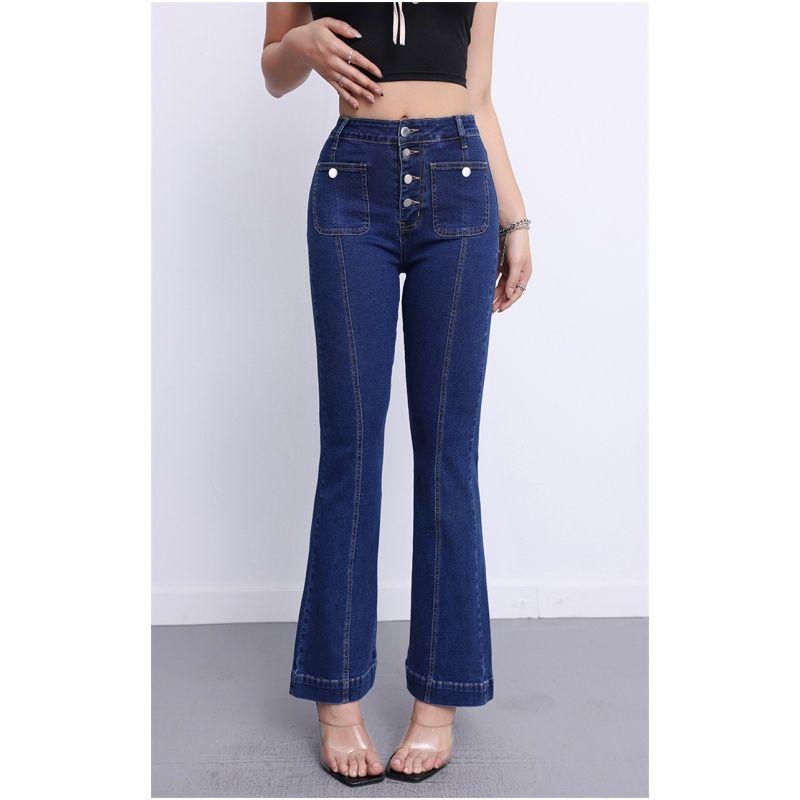 

M-3XL Women Jeans Slim Lady Denim Pants High Waist Figure Trimming Breasted Jeans Blue 3XL