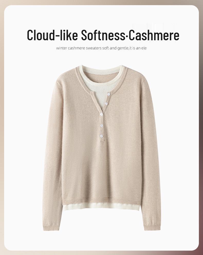 Women's Cashmere Color Block Knit Top: Autumn and Winter Pullover, Round Neck, Fake Two-Piece Design.