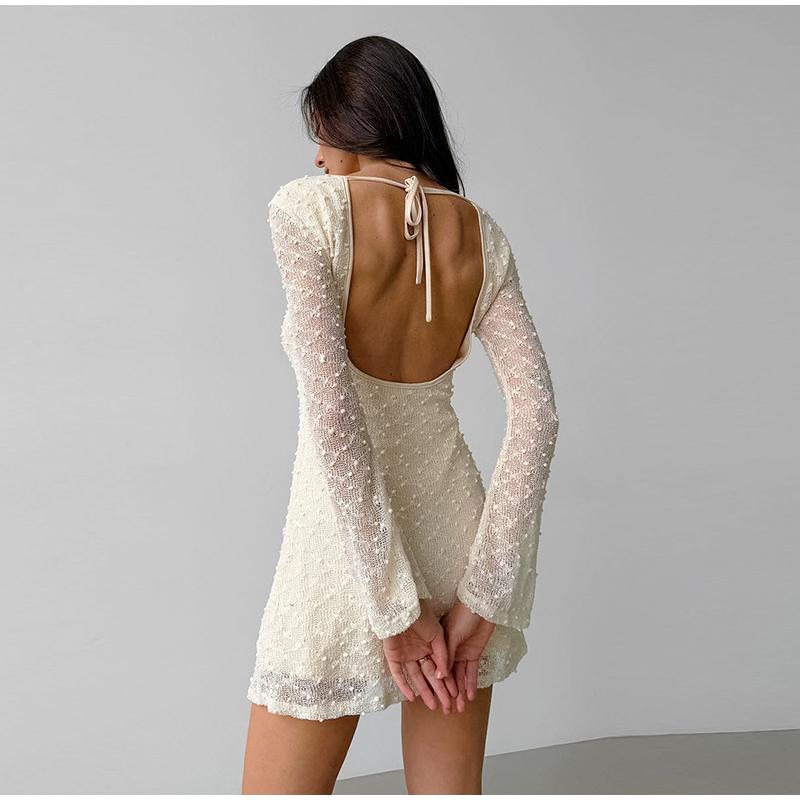 Elegant Backless Slim Dress Women Lace Up Round Neck Long Sleeved Dresses Summer High Waist Fashion Pullover Mini Short Dress
