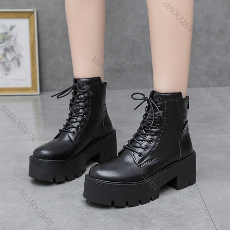 Fashion Autumn Winter New Soft Leather Ankle Boots Ladies Shoes Platform Lace Up Chelsea Black White Short Botas Thick Heeled Botines