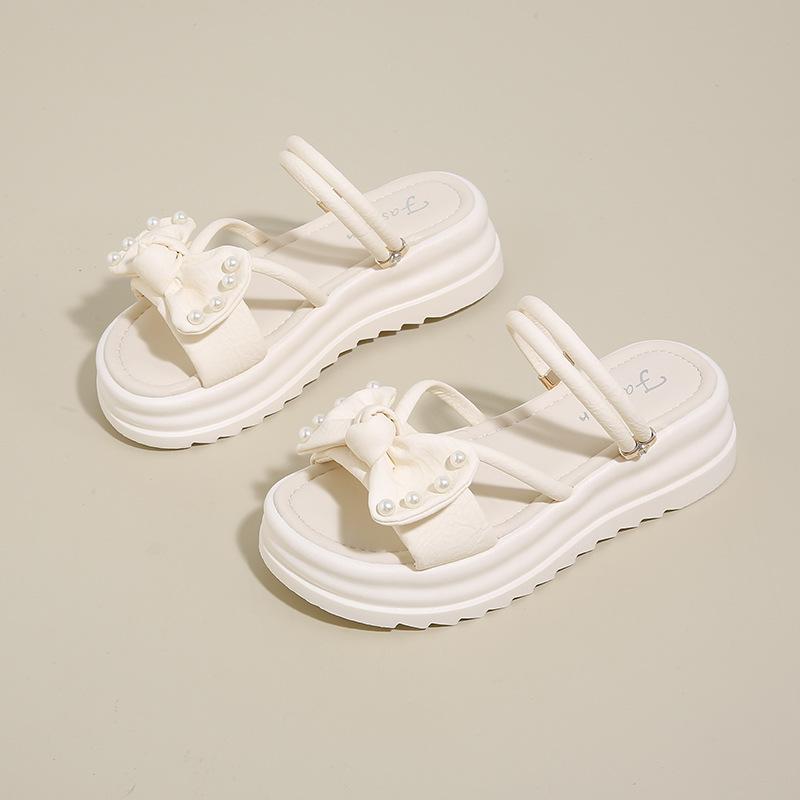 2025 Summer New Pearl Bow Cross Strap Fairy Fashion French Sandals Platform Cool Slippers Female Summer Wear