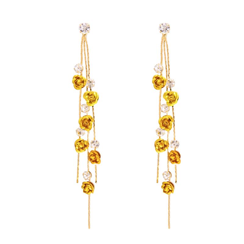 Temperamental Woman 2025 Trendy Multicolour Rose Flower Earrings Alloy Rhinestone Long Tassel Elegant Eardrop Party Jewelry Gift