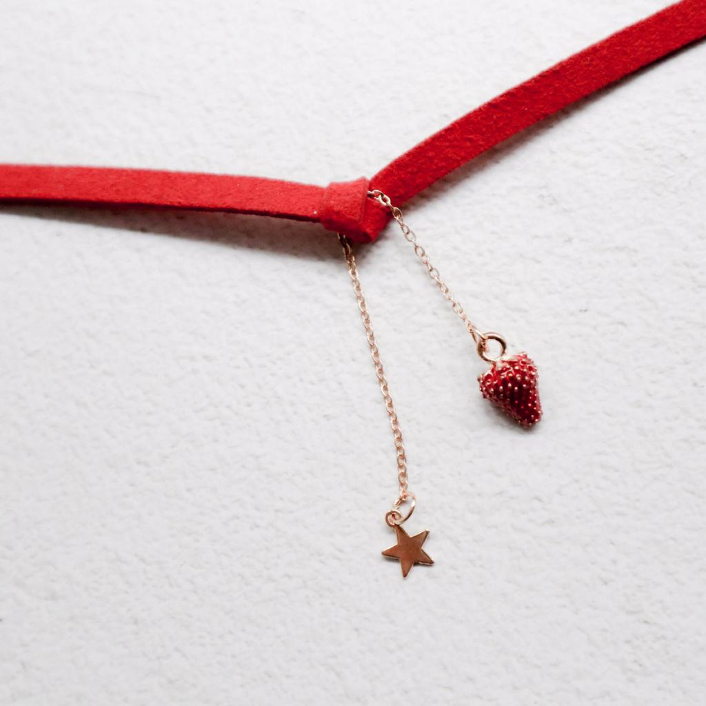 Burgundy Pearl Strawberry Pendant Ribbon Choker Necklace for Women