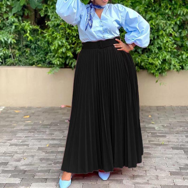 

Fashion Style Women s Dress Elegant Elegance Pleated Long Skirt Stylish Large Swing with Belt Skirt Pleated Skirt Black 3XL