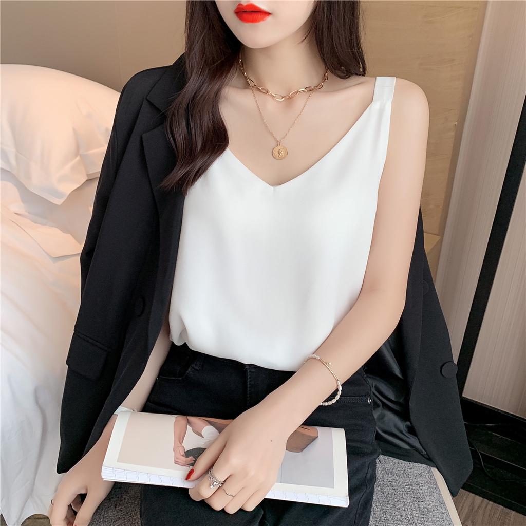 Chiffon Halter Vest Women's Summer V-neck Double-layer Loose Slimming Outside Wear with White Bottom Shirt Top