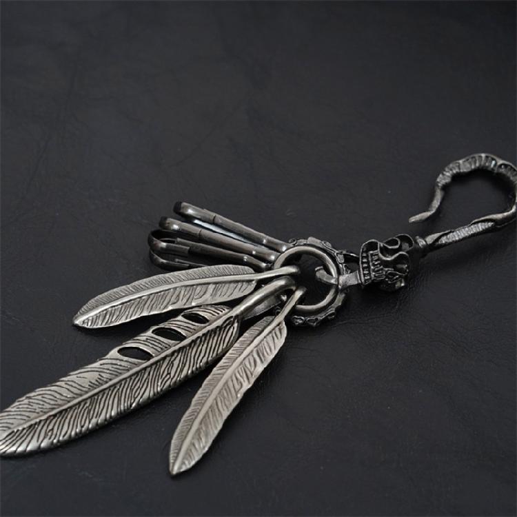 Distinctive Feather Keychain Charm In Antique Silver With Turquoise for Individualistic Fashion Statements Pieces