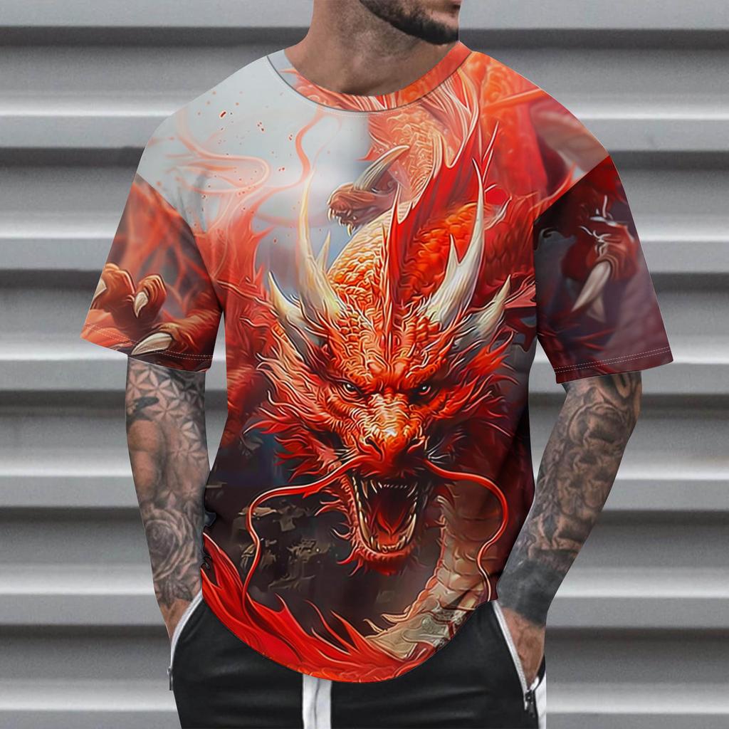 Animal  Dragon Pattern 3D Print Round Neck Short Sleeve Men's T-shirts Oversized Harajuku Tops