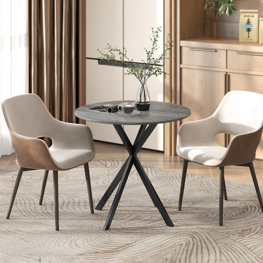 Round Dining Table for 2 People with Wood-Look Top and Crossed Steel Base, Gray