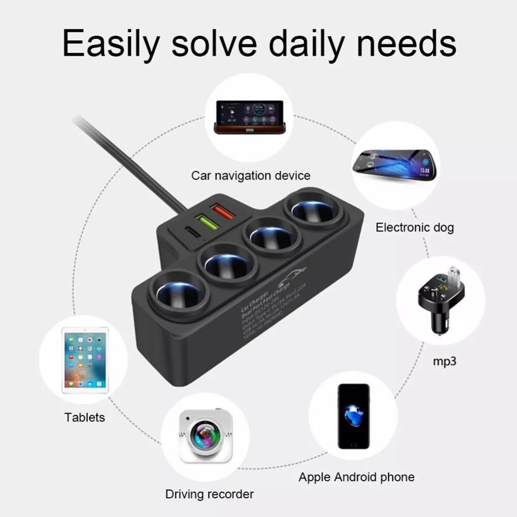 Sturdy And Wear-resistant Car Cigarette Lighter With 4 SlotsPDUSBQC0 Cigarette Lighter Splitter