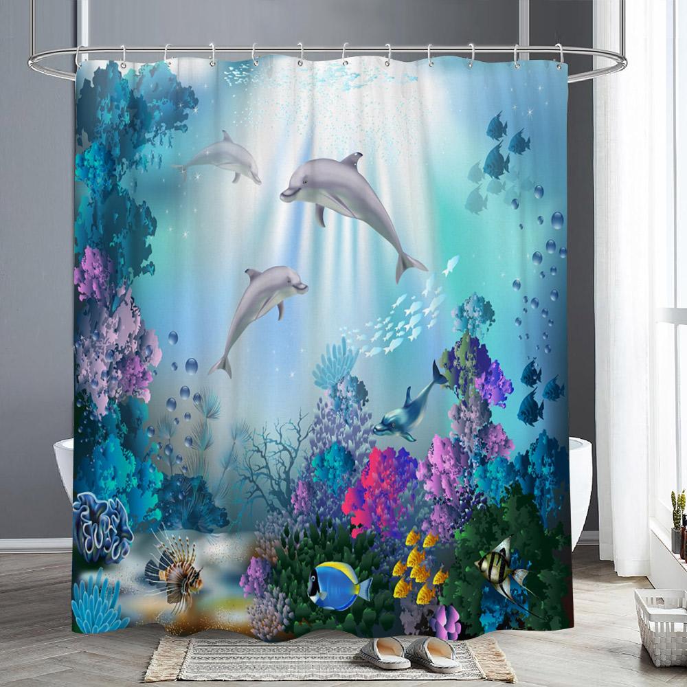Ocean Animals Shower Curtains Dolphin Sea Turtle Fish Coral Underwater Cave Scenery Fabric Children Bath Curtain Bathroom Decor