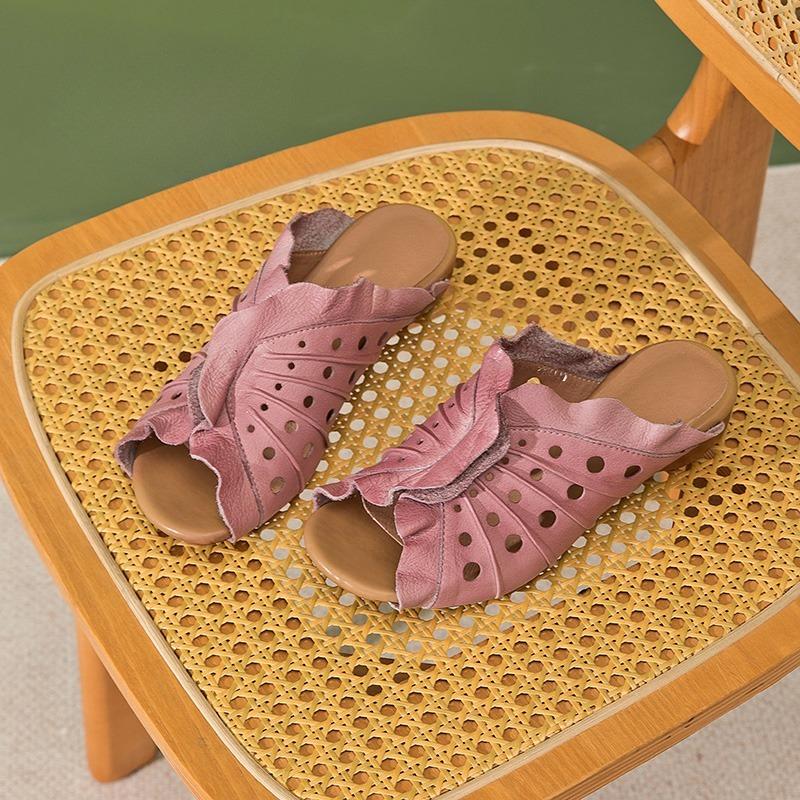 

Fashion Summer New Leather Cold Slippers Women Low Heel Comfortable Versatile Retro Casual Soft Sole Cutout Slippers 40 фиолетовый