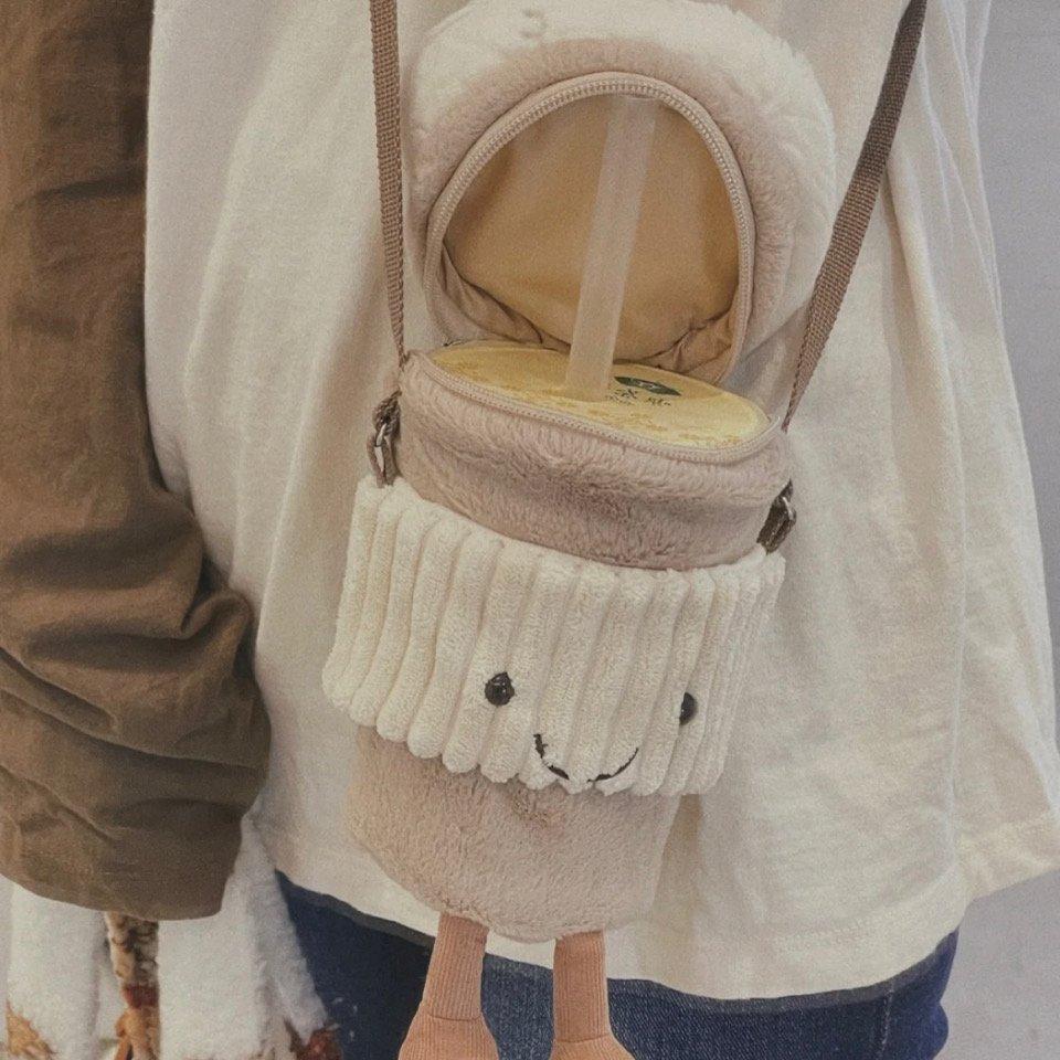 British Coffee, Milk Tea Bag, Messenger Women'S Bag, Plush Bag, Accompanying Toy Cup Cover Bag.