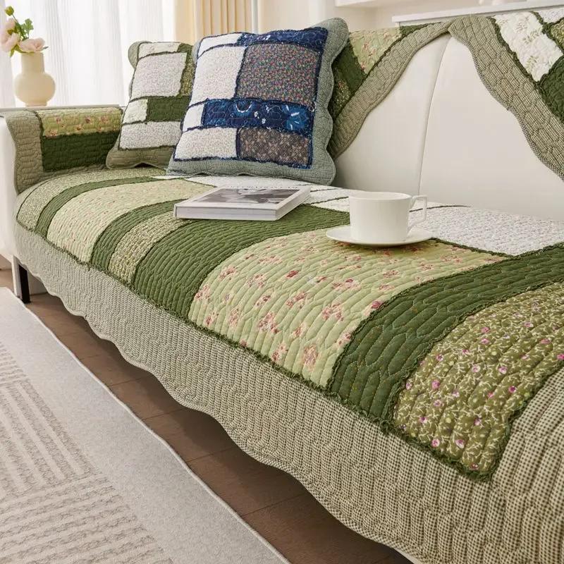1Pcs Thickened Cotton Sofa Cushion Splicing Grid Quilted Sofa Cover Living Room Decoration Anti Slip Sofa Cover Towel Couch Pad