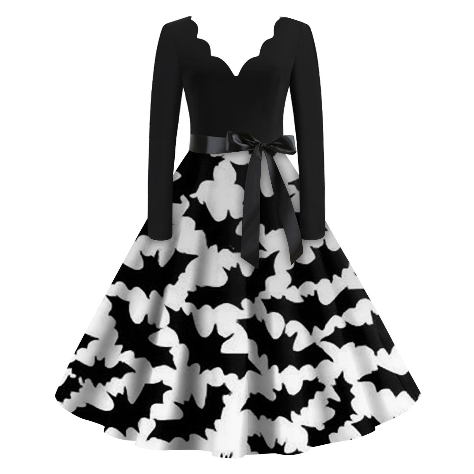 

Women s Casual Fashion Halloween Printed V-Neck Vintage Dress L чорний