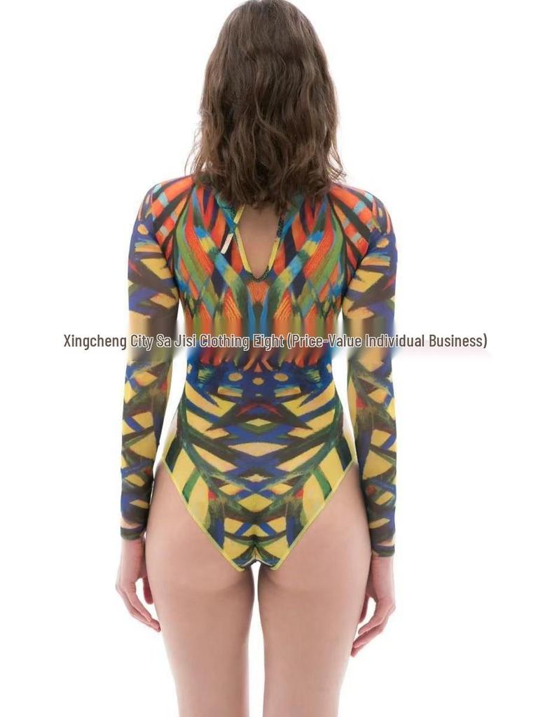 Cross-Border Long Sleeve Floral Swimsuit with Sun Protection and Mesh Bikini for Women