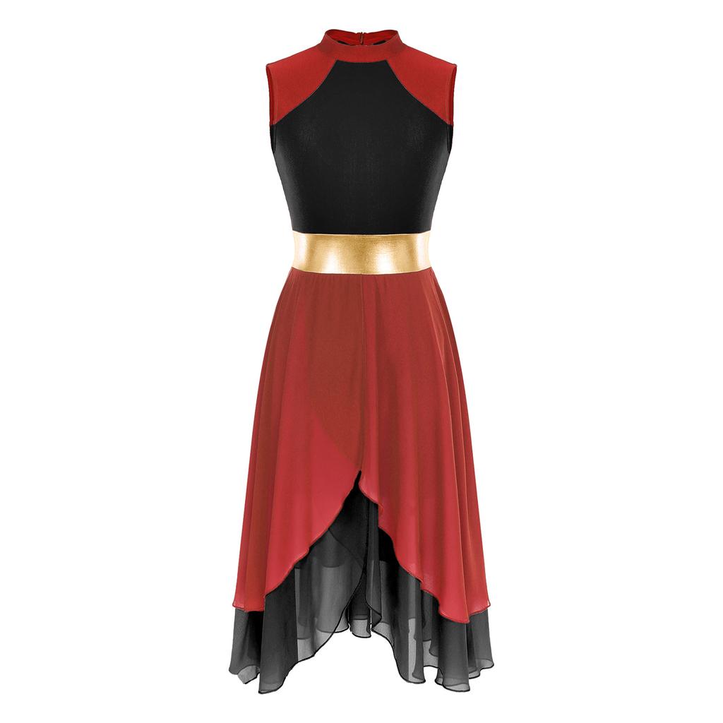 Womens Color Block Dance Dress Sleeveless Mock Neck Design Split Asymmetrical Hem Performance Wear