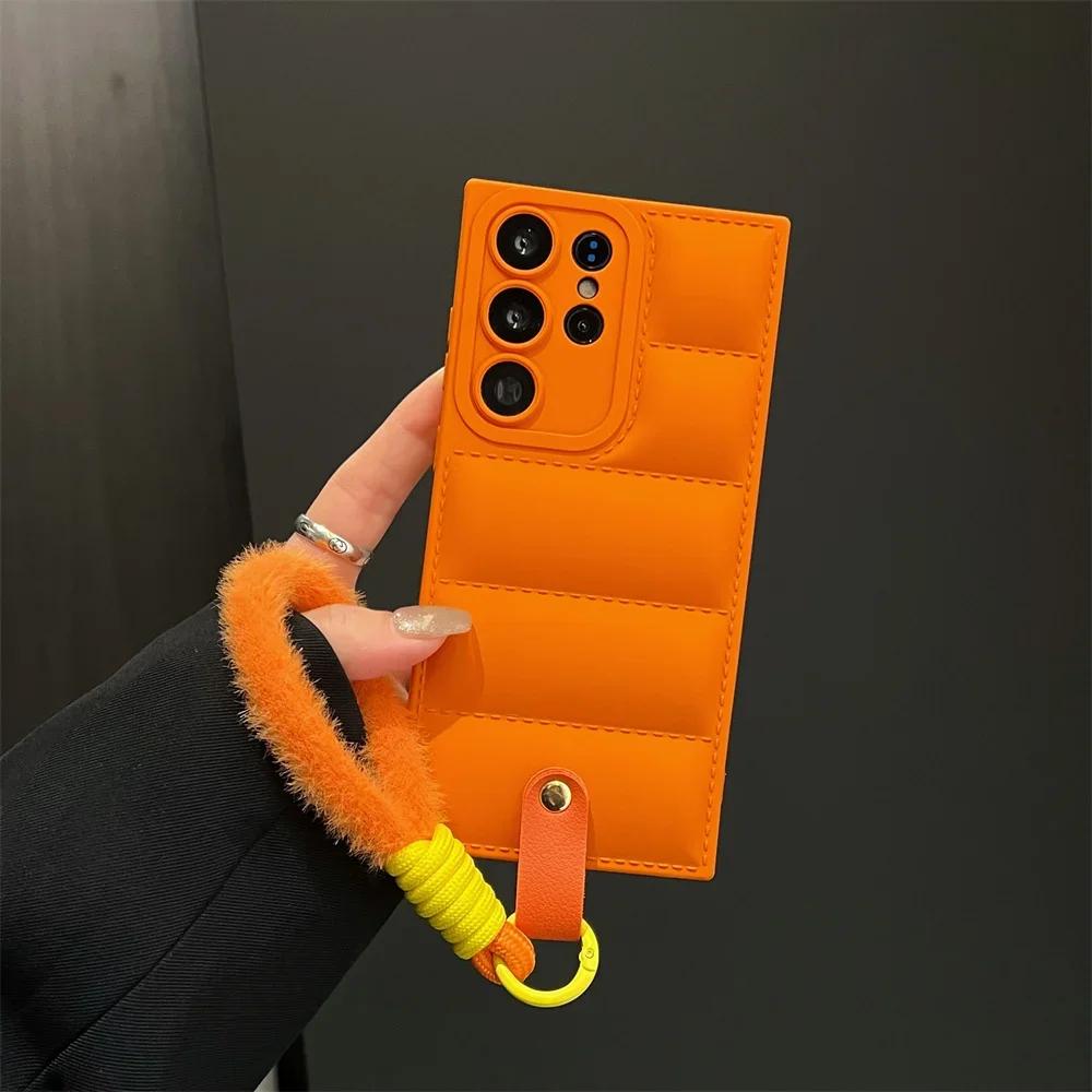Fashion Down Jacket Lanyard Case for Samsung Galaxy S24 S23 S25 Ultra S22 Plus S21 S20 FE A54 A55 A15 A34 Hand Wrist Strap Cover