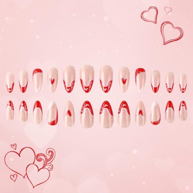 24 Buc. Unghii False Franceze de Ziua Îndrăgostiților, Lungi, în Formă de Migdală, Acoperire Completă, Unghii Artificiale, Lucioase, Autocolante, cu Design de Inimă