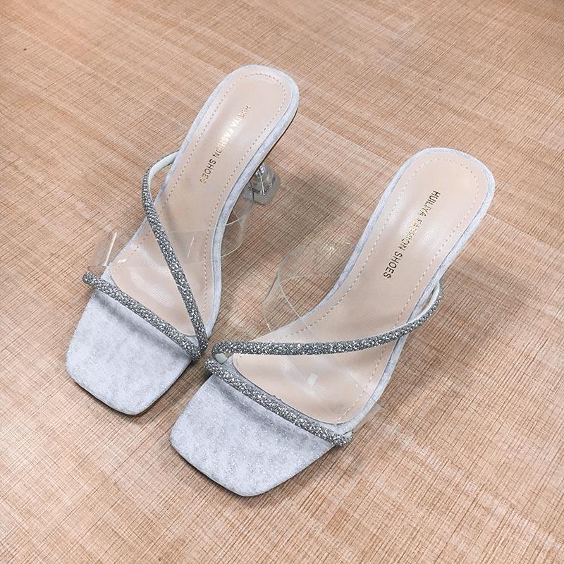 Fashion Crystal Band High Heels Slippers Women Transparent Sandals Ladies Sexy Glitter Feast Party Shoes Strange Heeled Slippers Women