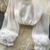 Ruffles Sweet Sheer Blouse O Neck Long Sleeves 3D Floral Loose Top Korean Style Streetwear Vintage OL Casual Shirt