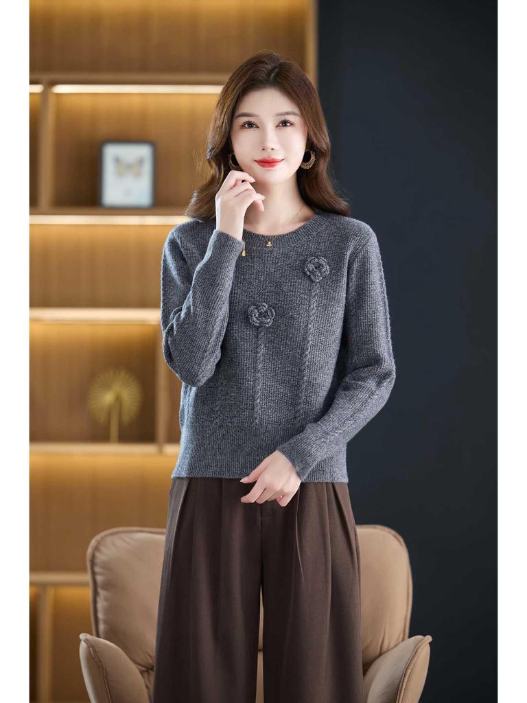 3D Flower Woolen Sweater - Women's Round Neck Autumn & Winter Versatile Base Shirt