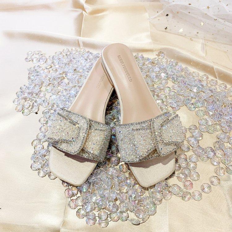 Женские босоножки на каблуке модные плоские женские со стразами тапочки женская обувь удобная летняя с открытым носком 35 абрикосовый 5149₽